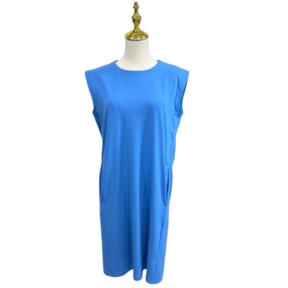 Eileen Fisher XXS Pima Cotton Stretch Jersey Round Neck Dress Calypso Blue NWT - Picture 1 of 13
